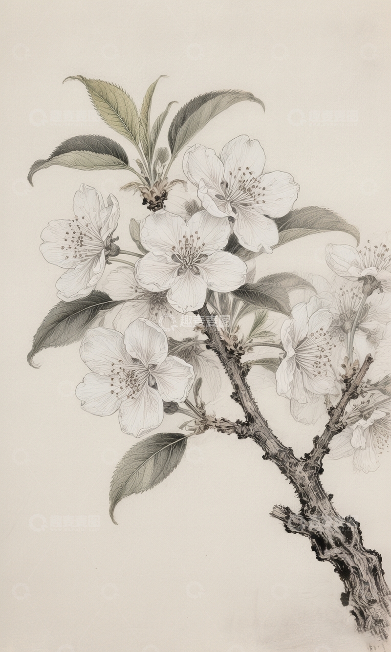 高清大图下载【趣麦麦图】工笔画盛开的桃花背景2