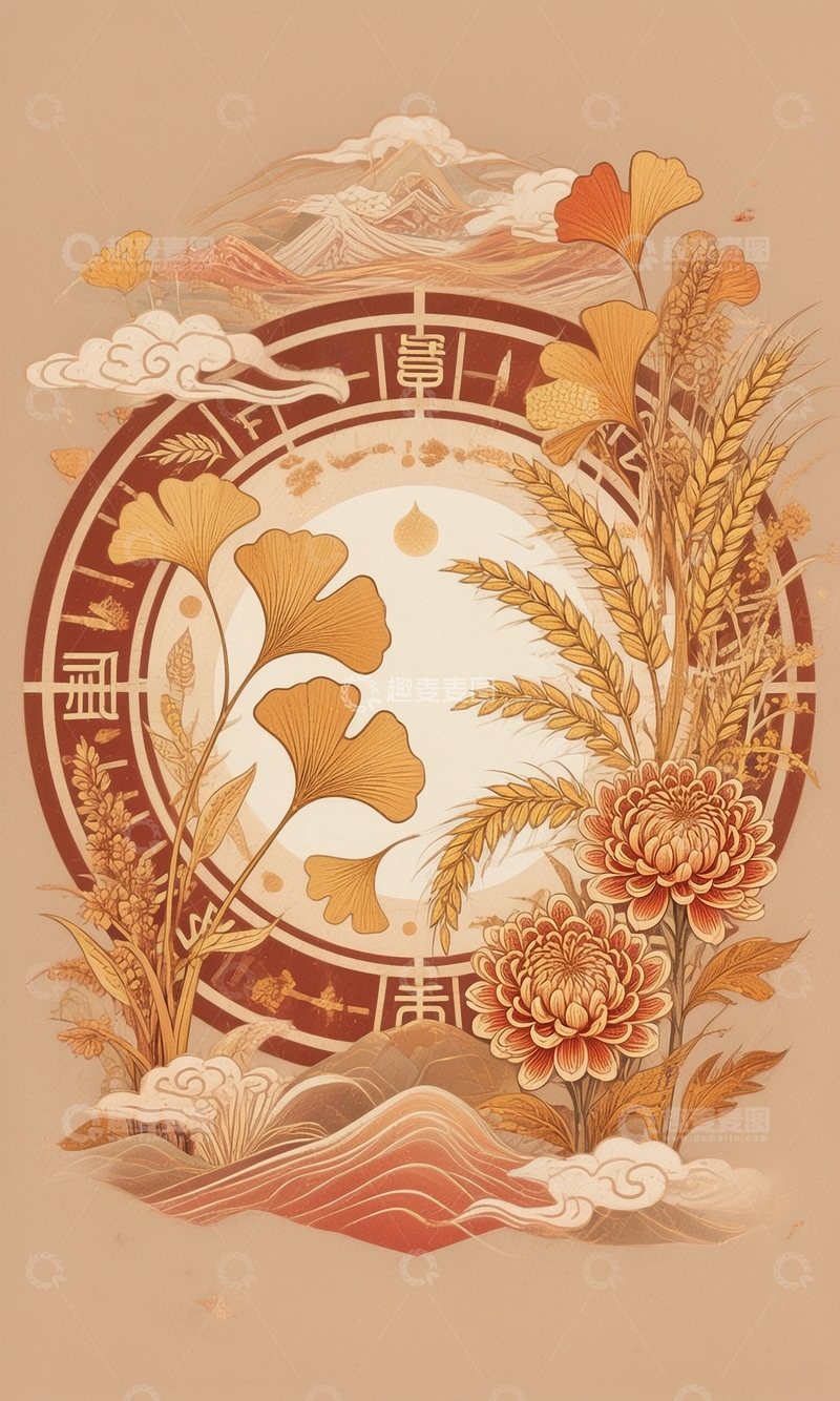 高清大图下载【趣麦麦图】金秋时节国风背景1