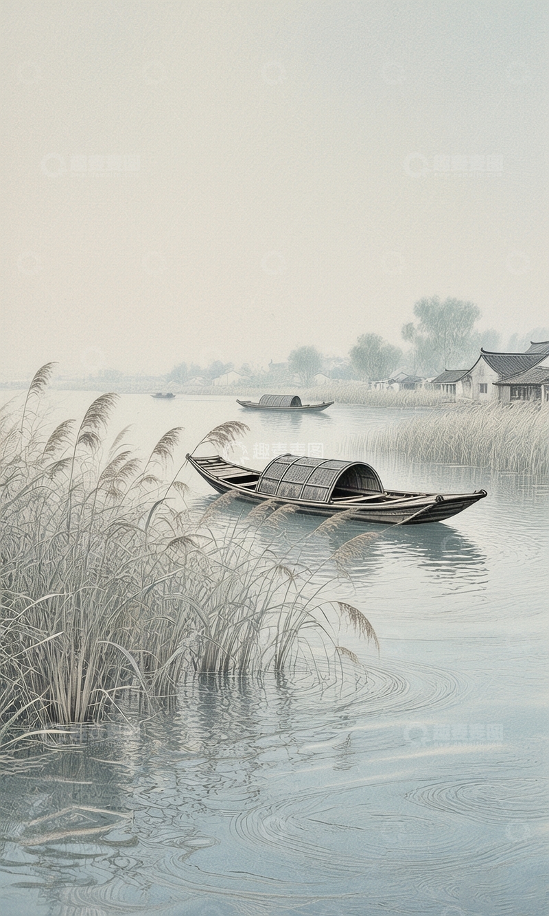高清大图下载【趣麦麦图】工笔画江上泛舟图4