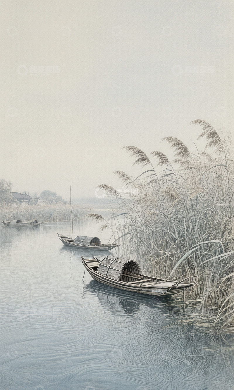 高清大图下载【趣麦麦图】工笔画江上泛舟图5