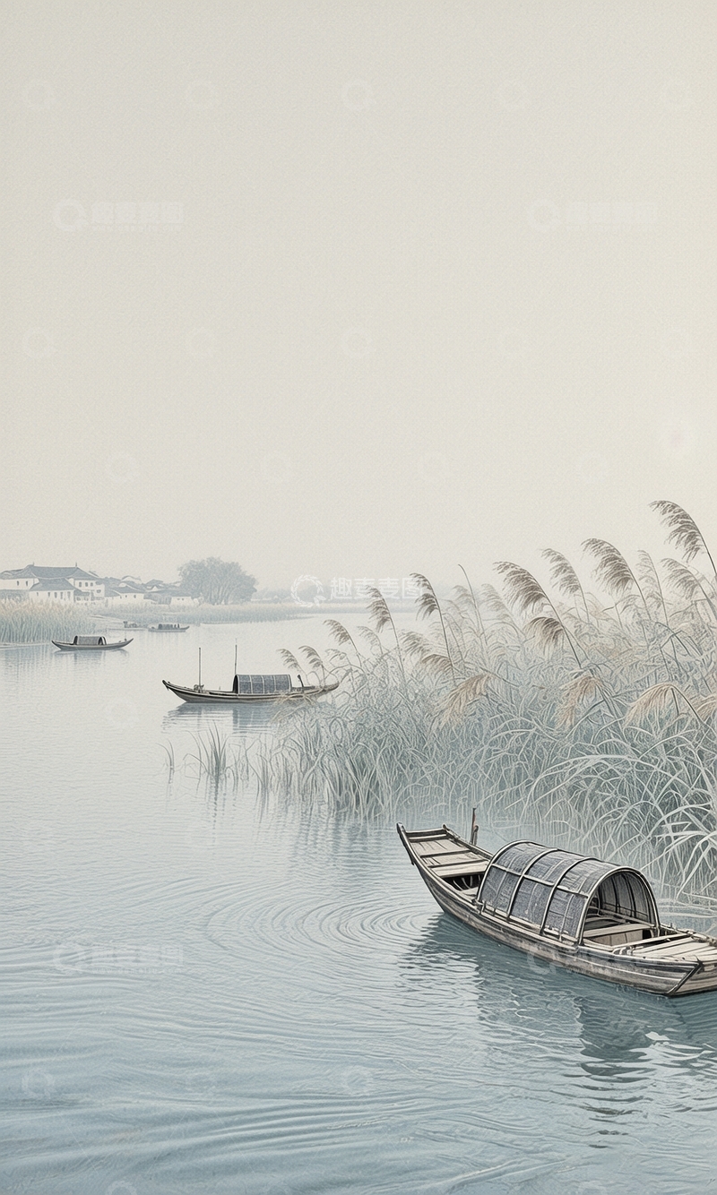 高清大图下载【趣麦麦图】工笔画江上泛舟图8