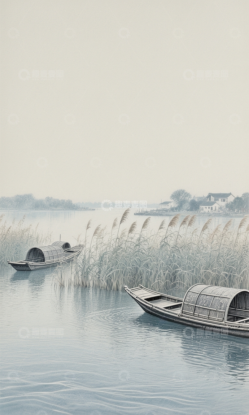 高清大图下载【趣麦麦图】工笔画江上泛舟图3