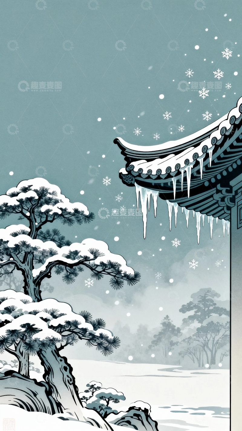 高清大图下载【趣麦麦图】-国风国潮工笔画大雪节气背景10