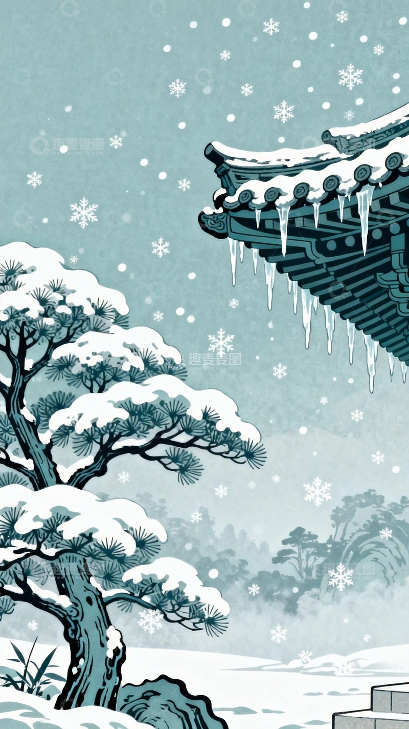 高清大图下载【趣麦麦图】国风国潮工笔画大雪节气背景13