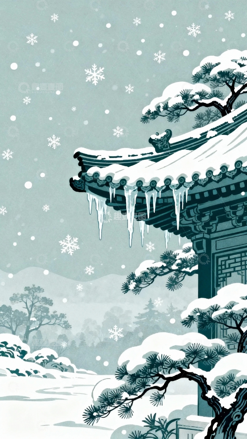 高清大图下载【趣麦麦图】国风国潮工笔画大雪节气背景16