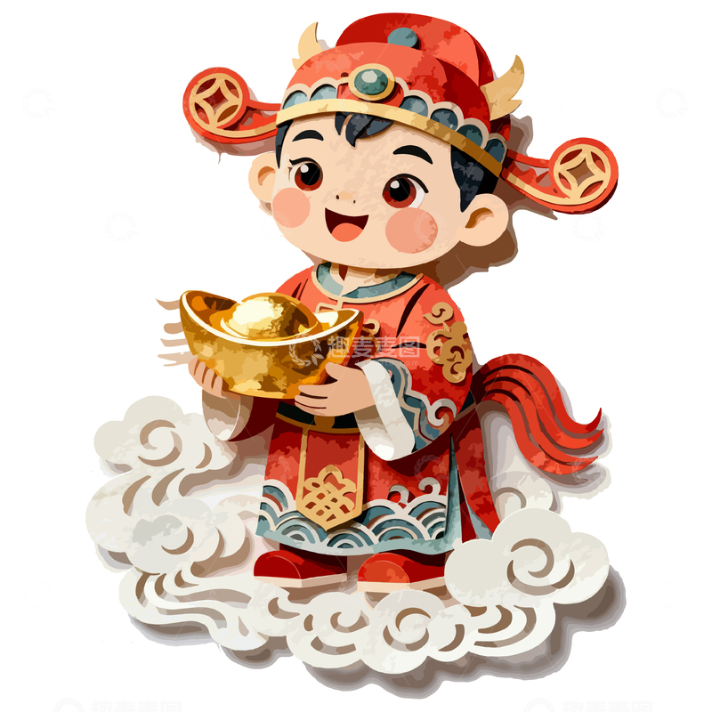 源文件下载【趣麦麦图】卡通财神爷金元宝插画