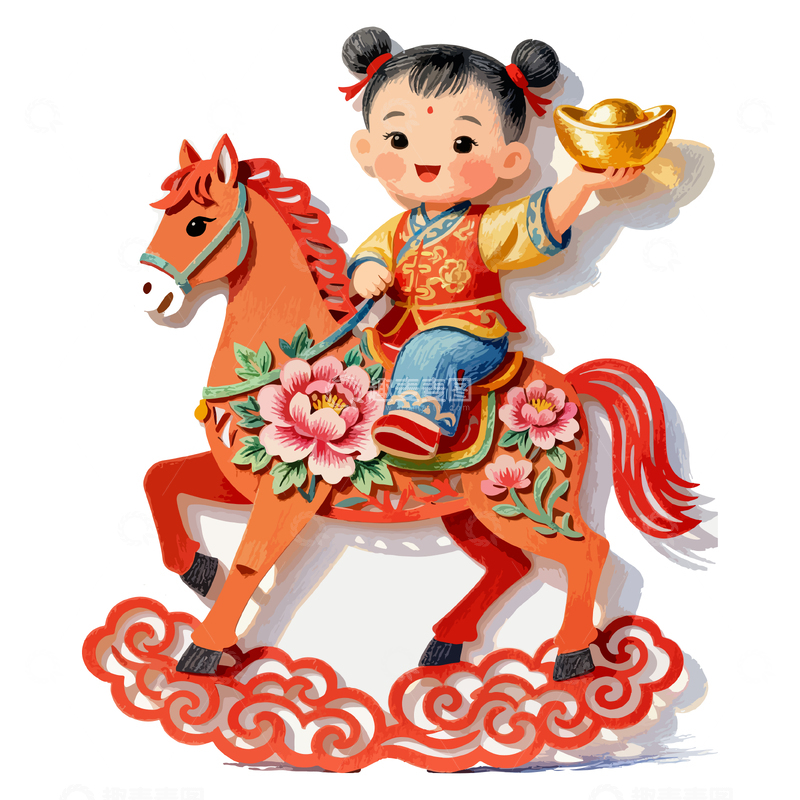 源文件下载【趣麦麦图】-传统中国风马年娃娃摆件
