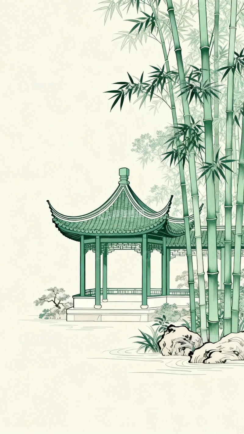 高清大图下载【趣麦麦图】工笔画竹林小筑3