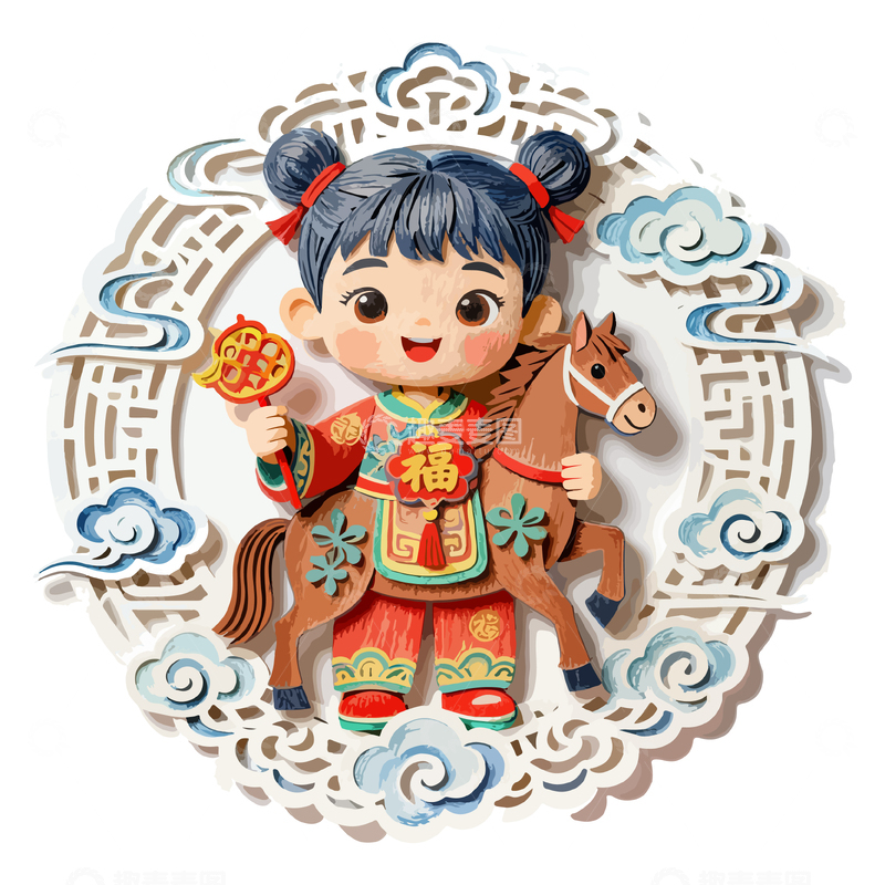 源文件下载【趣麦麦图】卡通新年骑马福娃图2026马年