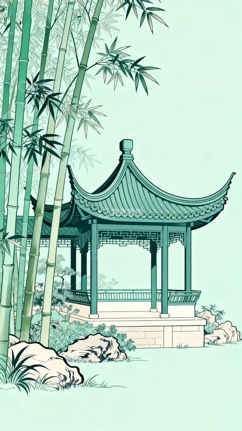 高清大图下载【趣麦麦图】工笔画竹林小筑2