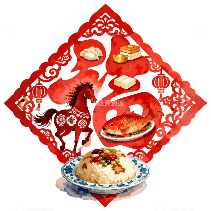 中式春节美食剪纸插画