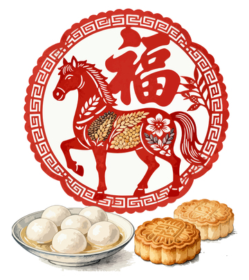 剪纸风马年祝福与月饼设计素材
