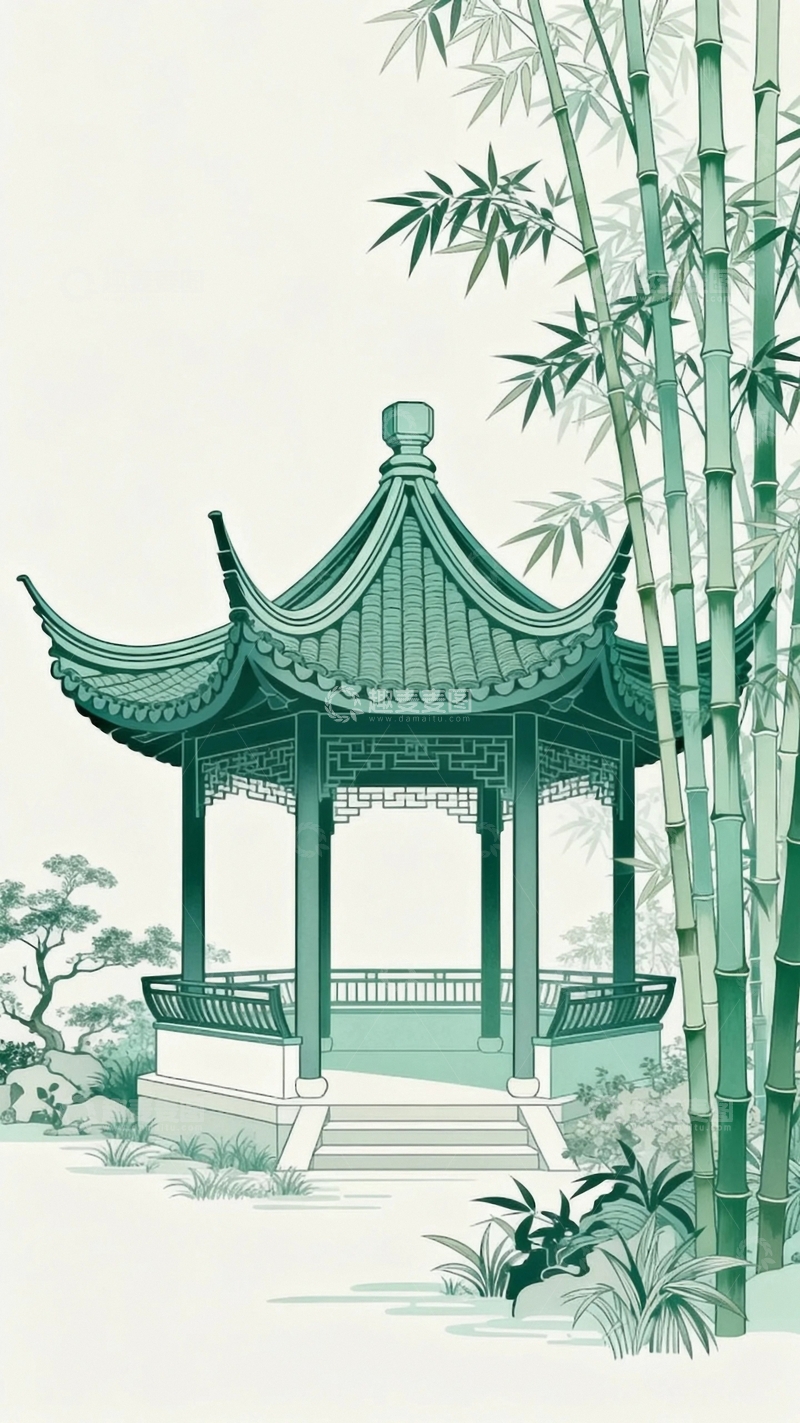 高清大图下载【趣麦麦图】工笔画竹林小筑4
