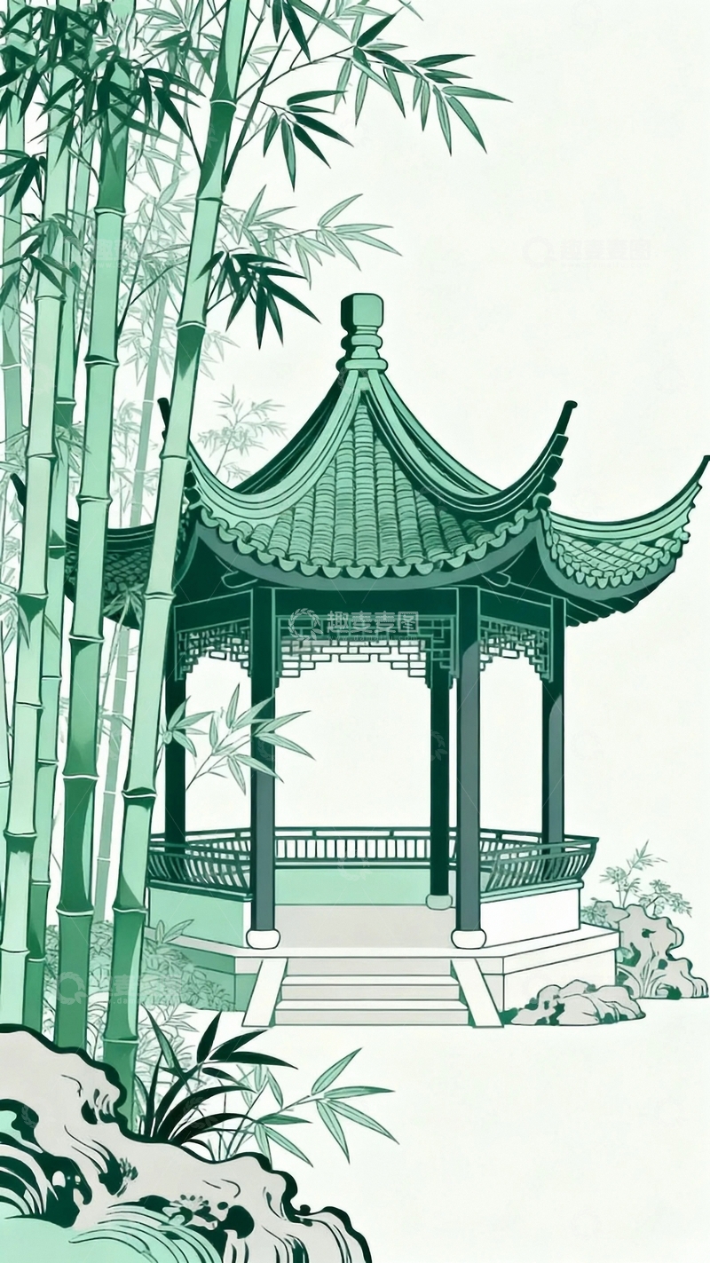 高清大图下载【趣麦麦图】工笔画竹林小筑7