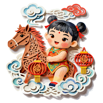 卡通新年马女孩灯笼插画