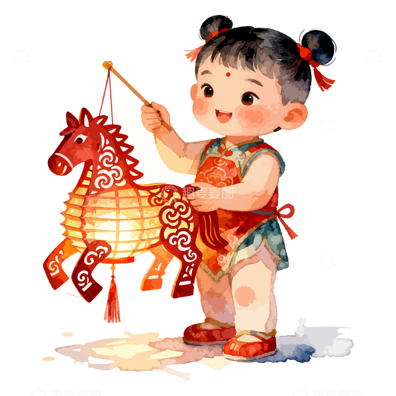 卡通女孩春节舞龙插画