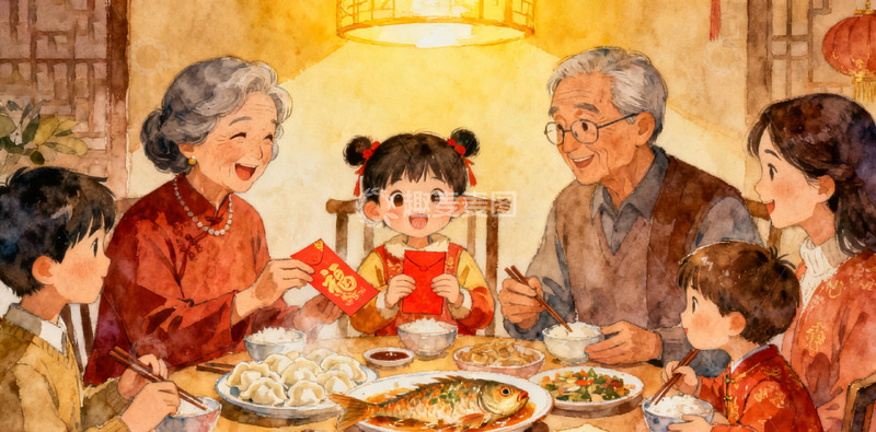 温馨春节家庭聚餐插画