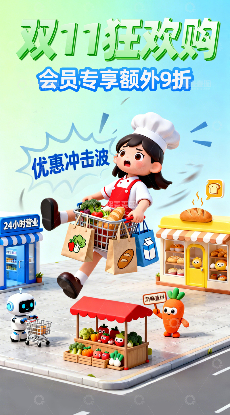 源文件下载【趣麦麦图】3D立体卡通人物双11购物节电商海报3