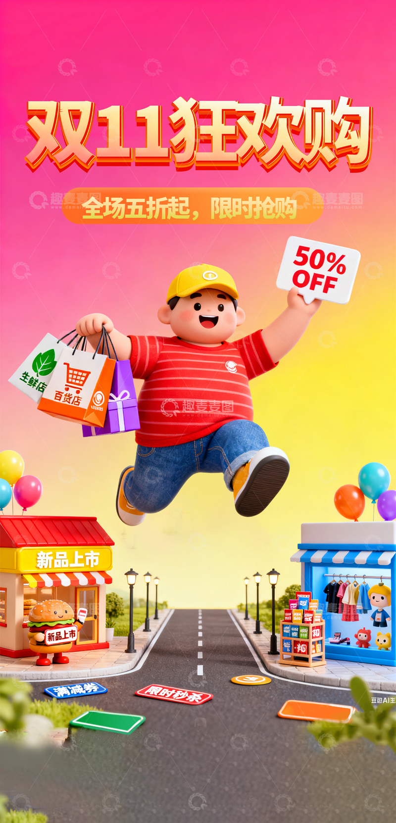 源文件下载【趣麦麦图】3D立体卡通人物双11购物节电商海报