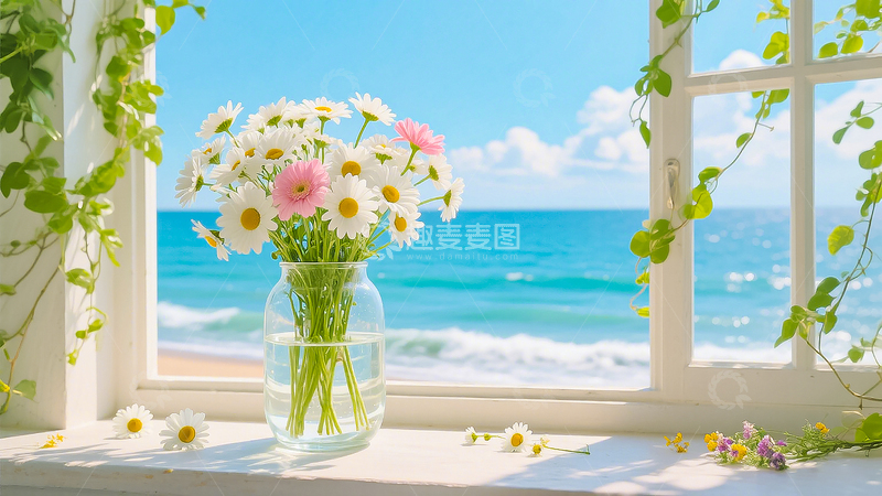 高清大图下载【趣麦麦图】田园风花瓶鲜花窗景唯美浪漫海景