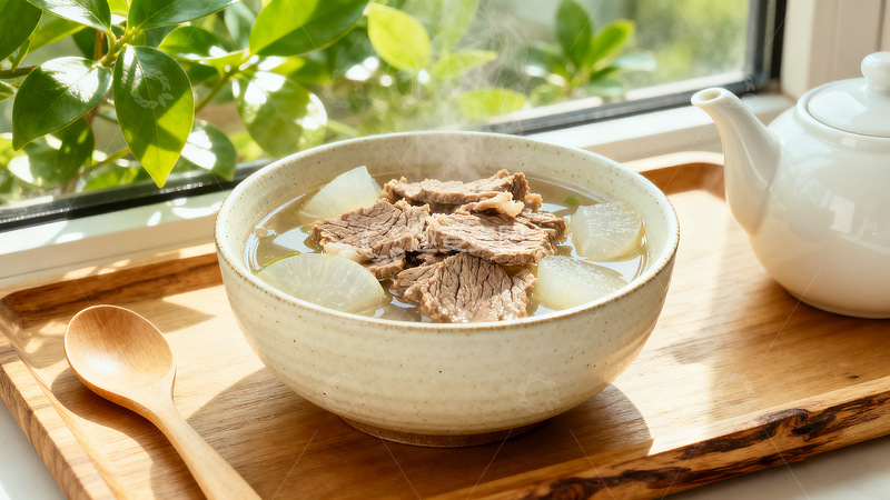 高清大图下载【趣麦麦图】窗边瓷碗萝卜牛肉汤