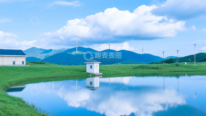 高清大图下载【趣麦麦图】山水风光田园景色湖泊小屋远景