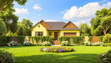 田园风黄色别墅花园风景图