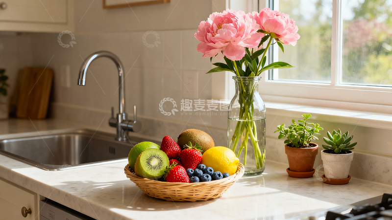 高清大图下载【趣麦麦图】阳光厨房水槽水果花卉装饰