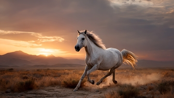 夕阳下自由奔腾的白马展现自然的力量