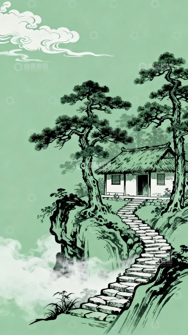 高清大图下载【趣麦麦图】国风工笔画山居图5