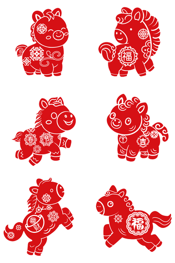 红色剪纸马年祝福图案