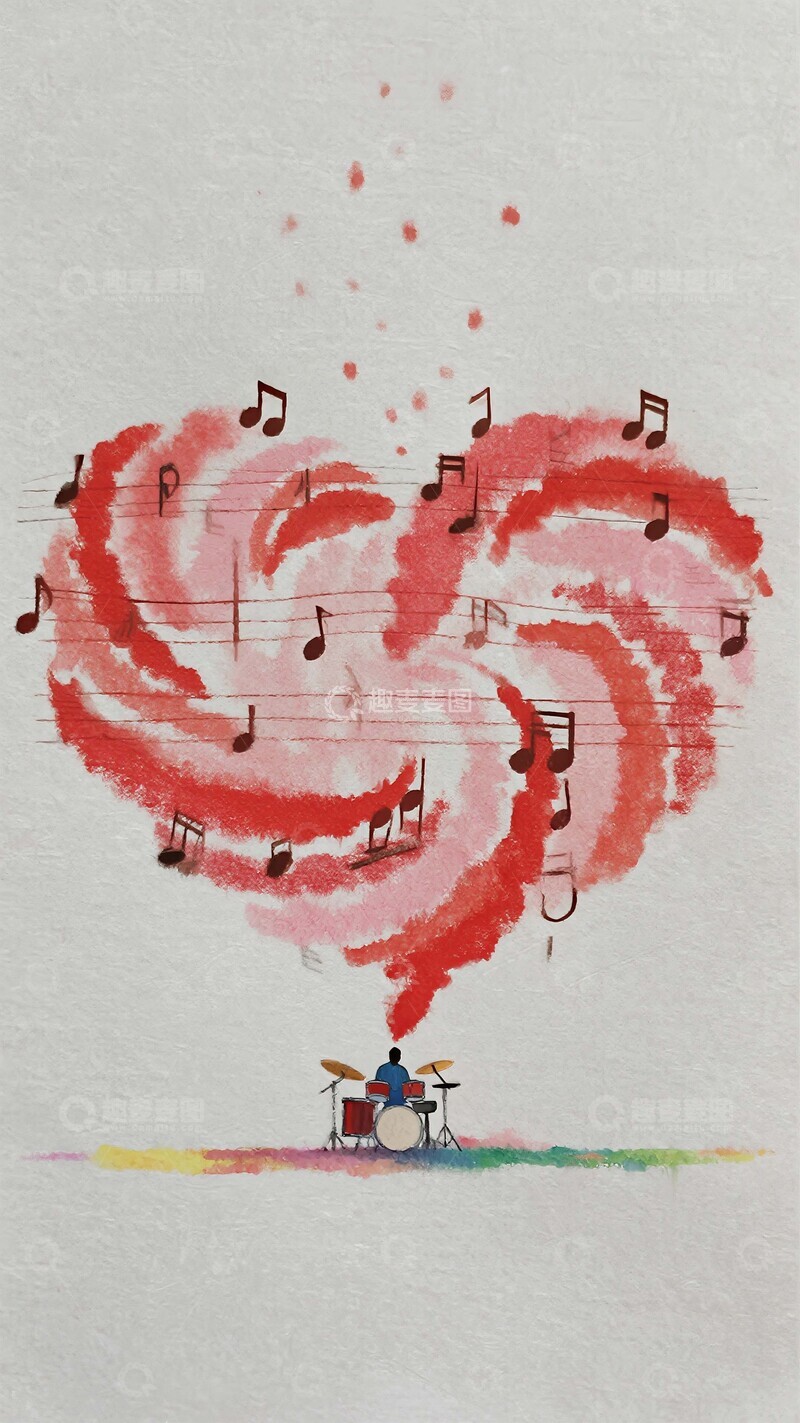高清大图下载【趣麦麦图】水彩风爱心音符与鼓手插画1