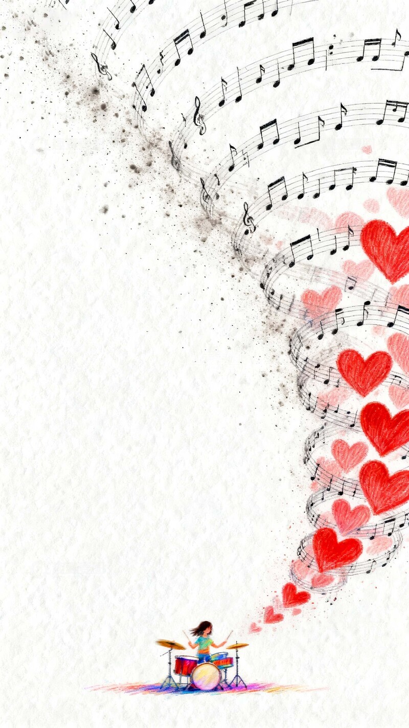 高清大图下载【趣麦麦图】水彩风爱心音符与鼓手插画3