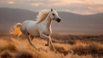 白马奔腾于沙漠释放荒野力量