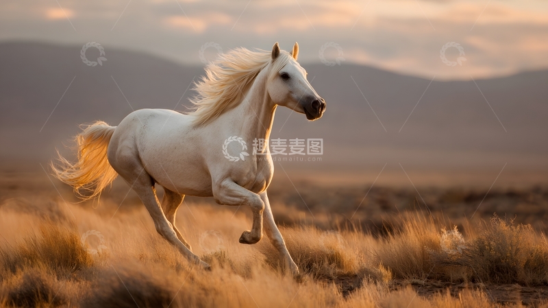 高清大图下载【趣麦麦图】白马奔腾于沙漠释放荒野力量