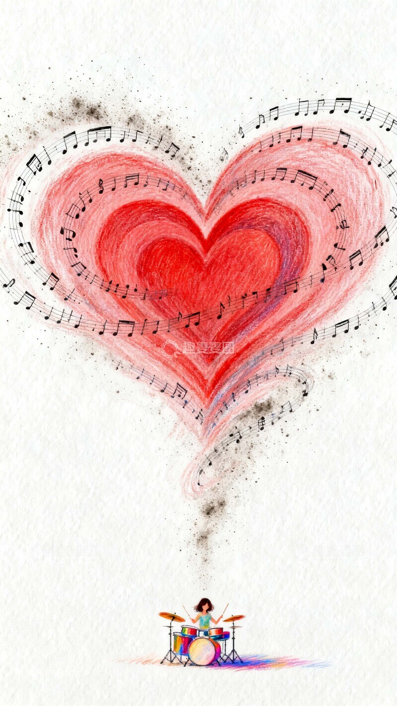 高清大图下载【趣麦麦图】水彩风爱心音符与鼓手插画4