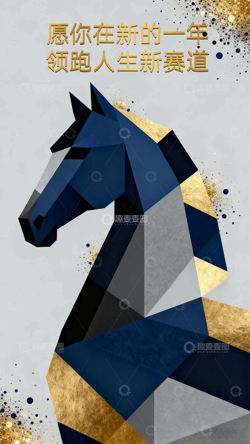 源文件下载【趣麦麦图】蓝色金色几何色块粒子光效马年海报2