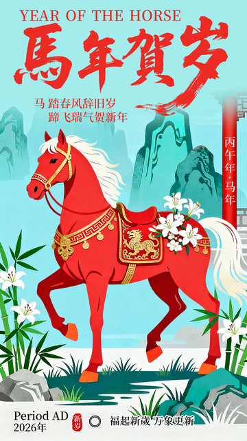 2026马年贺岁蓝红色新年插画海报素材