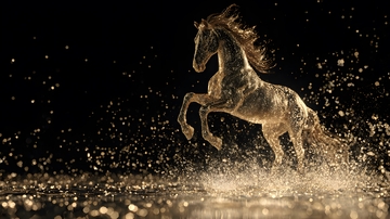 马奔腾于水花飞溅之中释放自然力量