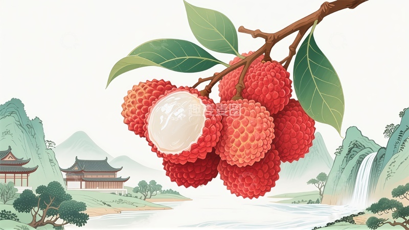 高清大图下载【趣麦麦图】-古风荔枝山水画艺术插画
