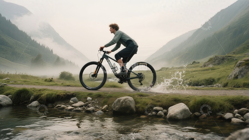 高清大图下载【趣麦麦图】山地自行车跨越溪流