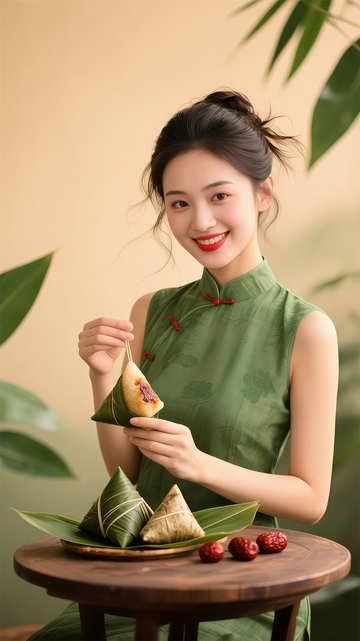 端午节绿色旗袍女子粽子写真