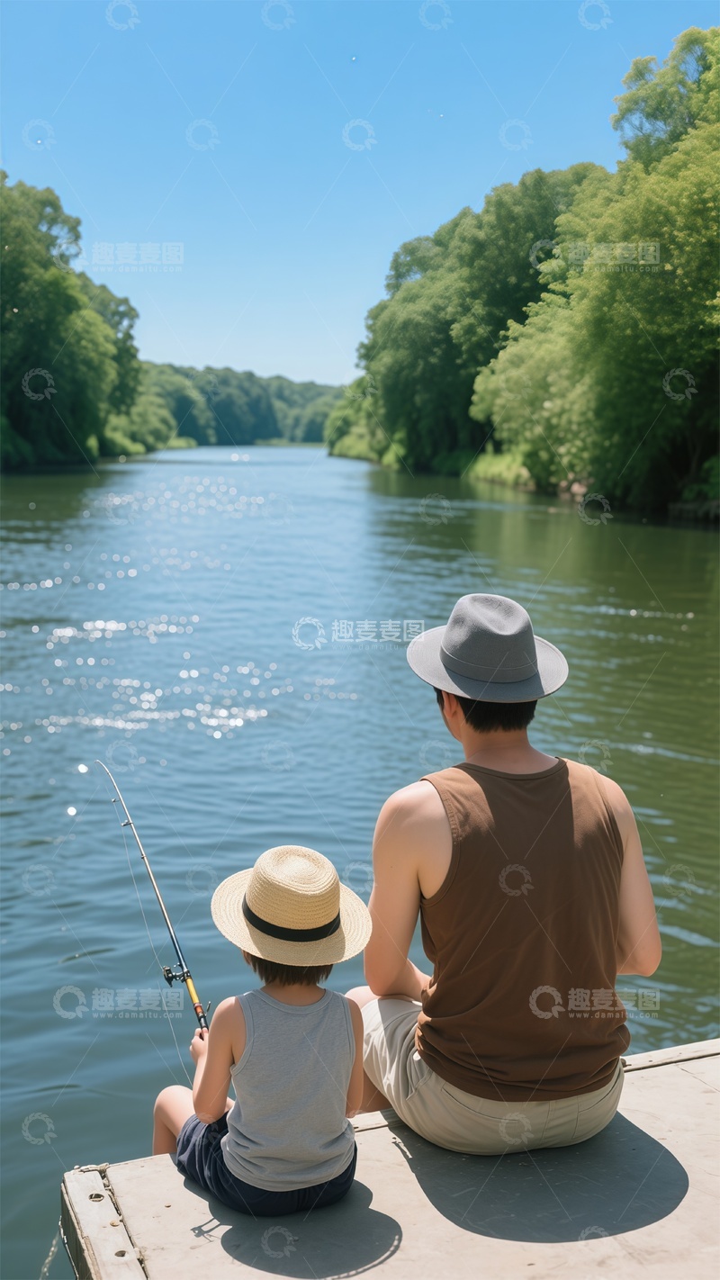 高清大图下载【趣麦麦图】夏日垂钓亲子时光