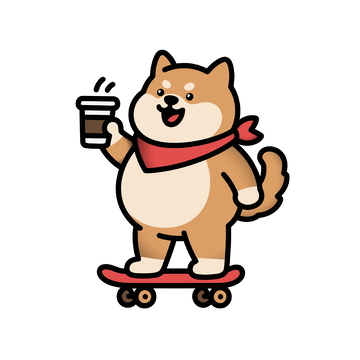 卡通柴犬滑板上喝咖啡