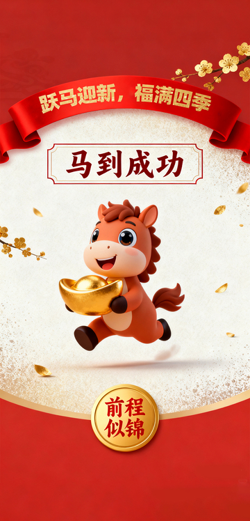 中国风国潮卡通马形象简约马年海报1