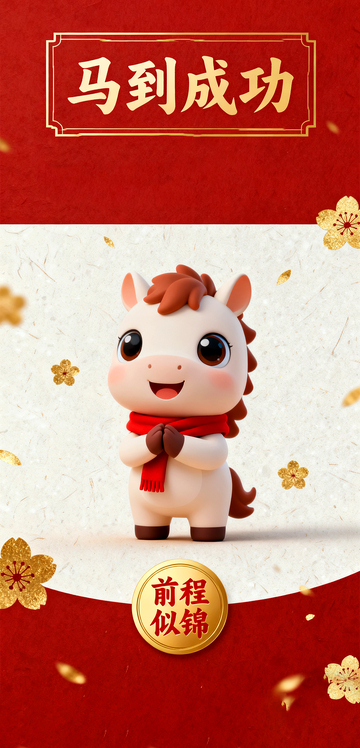 中国风国潮卡通马形象简约马年海报2