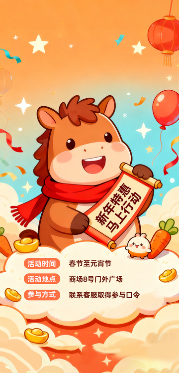 蓝色橙色卡通小马可爱萌趣简约马年海报1