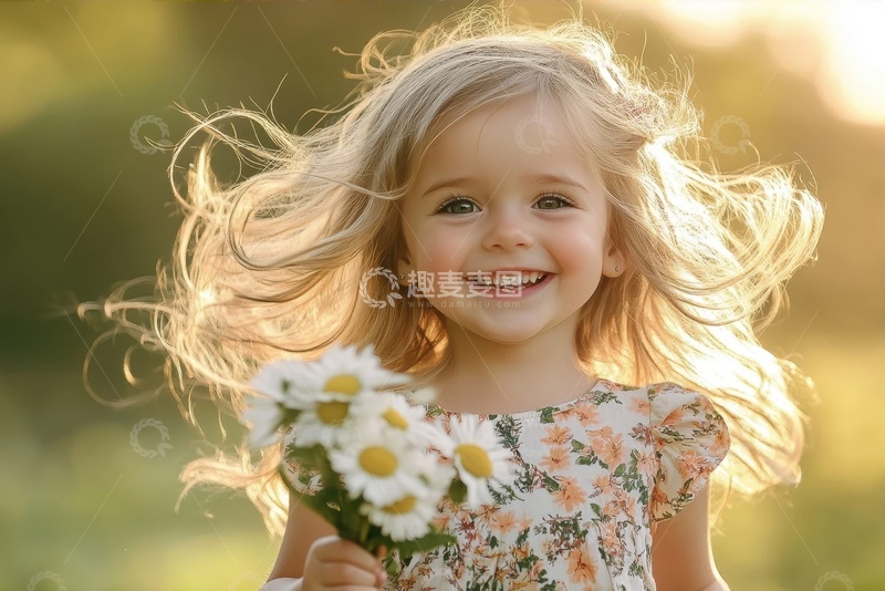 高清大图下载【趣麦麦图】草地上拿着白色雏菊的小女孩