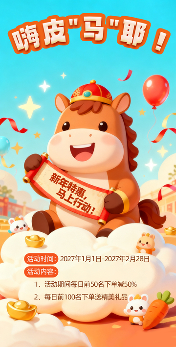 蓝色橙色卡通小马可爱萌趣简约马年海报2