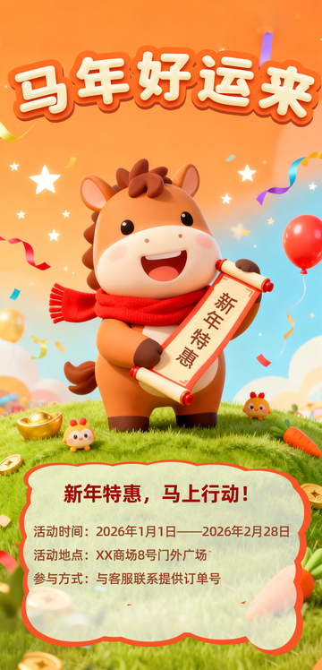 蓝色橙色卡通小马可爱萌趣简约马年海报